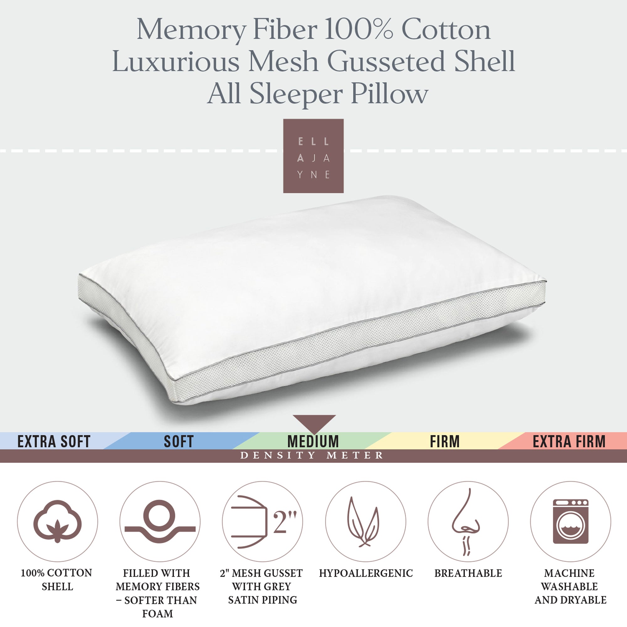 MEMORY FIBER Pillow 100% Cotton Luxurious Mesh Gusseted Shell All Sleeper Pillow