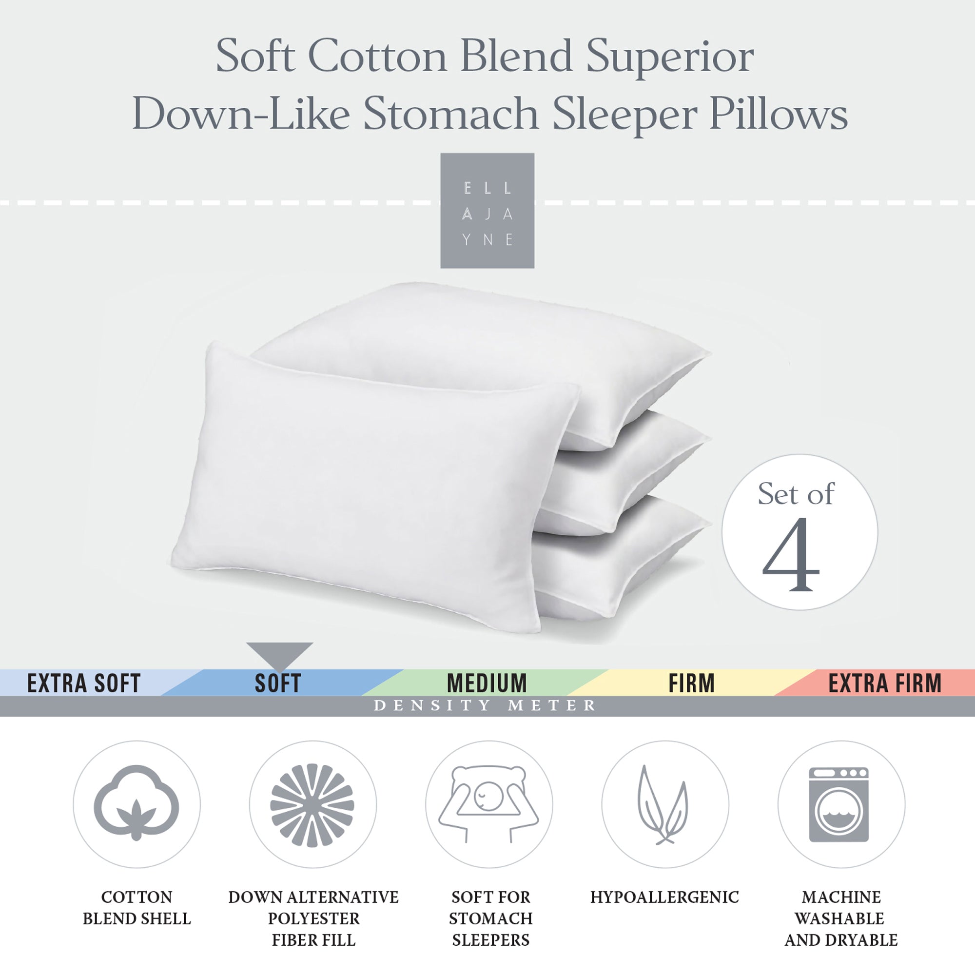 Ella Jayne Down-Like Soft Pillows – 4-Pack Hypoallergenic Poly-Cotton Pillows for Stomach Sleepers, Low Loft Design