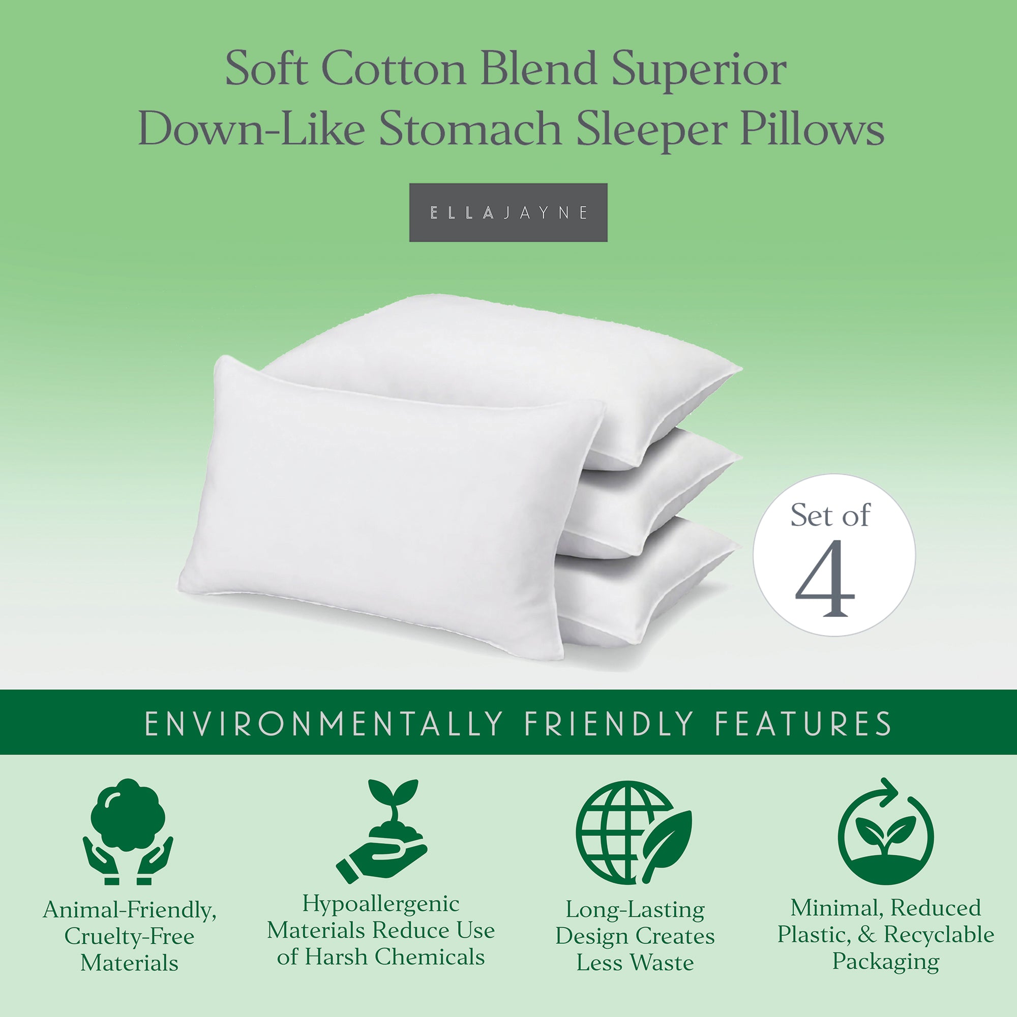 Ella Jayne Down-Like Soft Pillows – 4-Pack Hypoallergenic Poly-Cotton Pillows for Stomach Sleepers, Low Loft Design