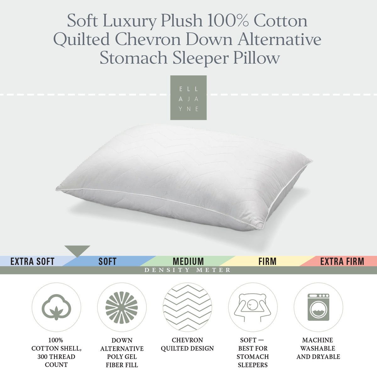 Soft Luxury Plush 100% Cotton Quilted Chevron Down Alternative Stomach  Sleeper Pillow