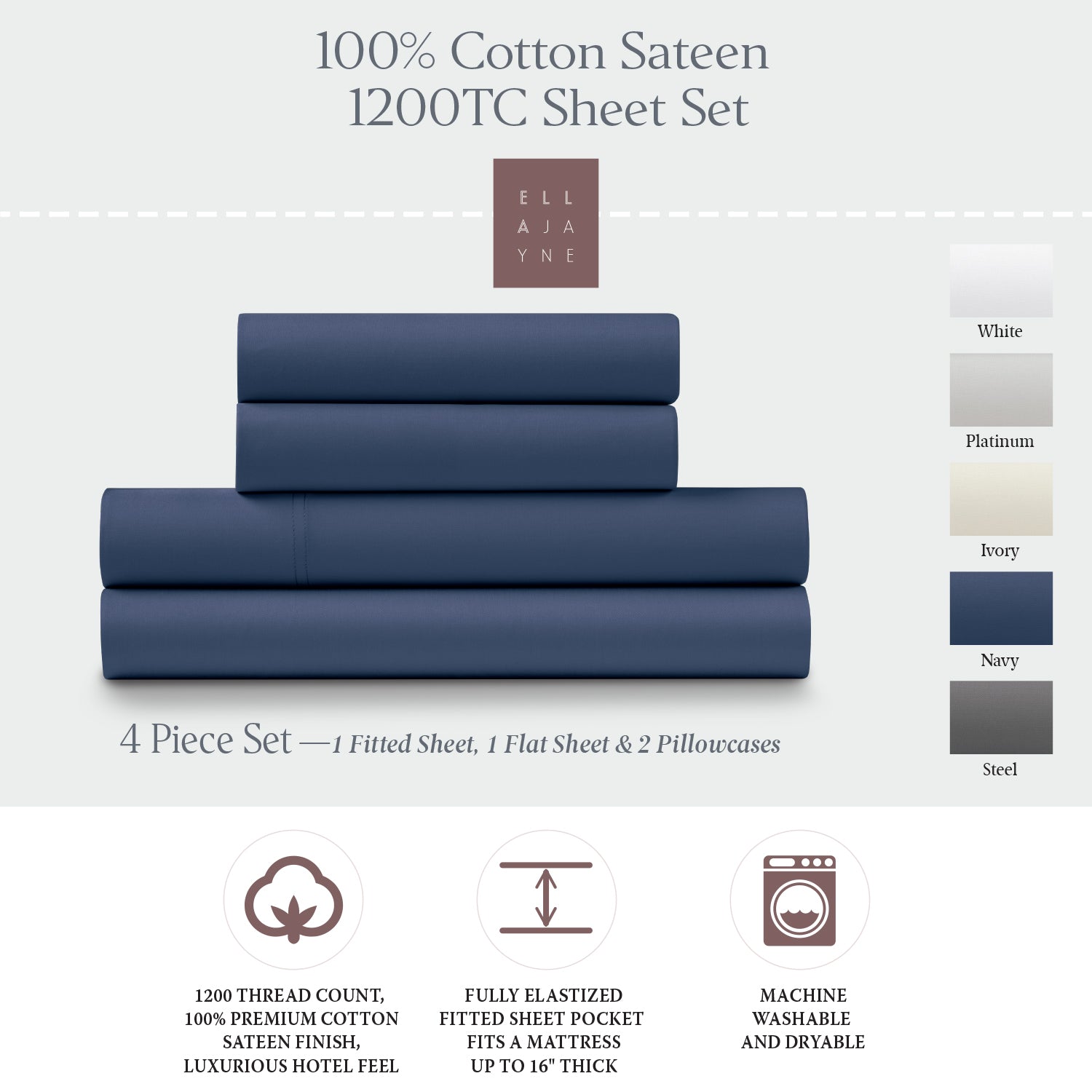 1200-Thread Count 100% Cotton Sateen Sheet Set