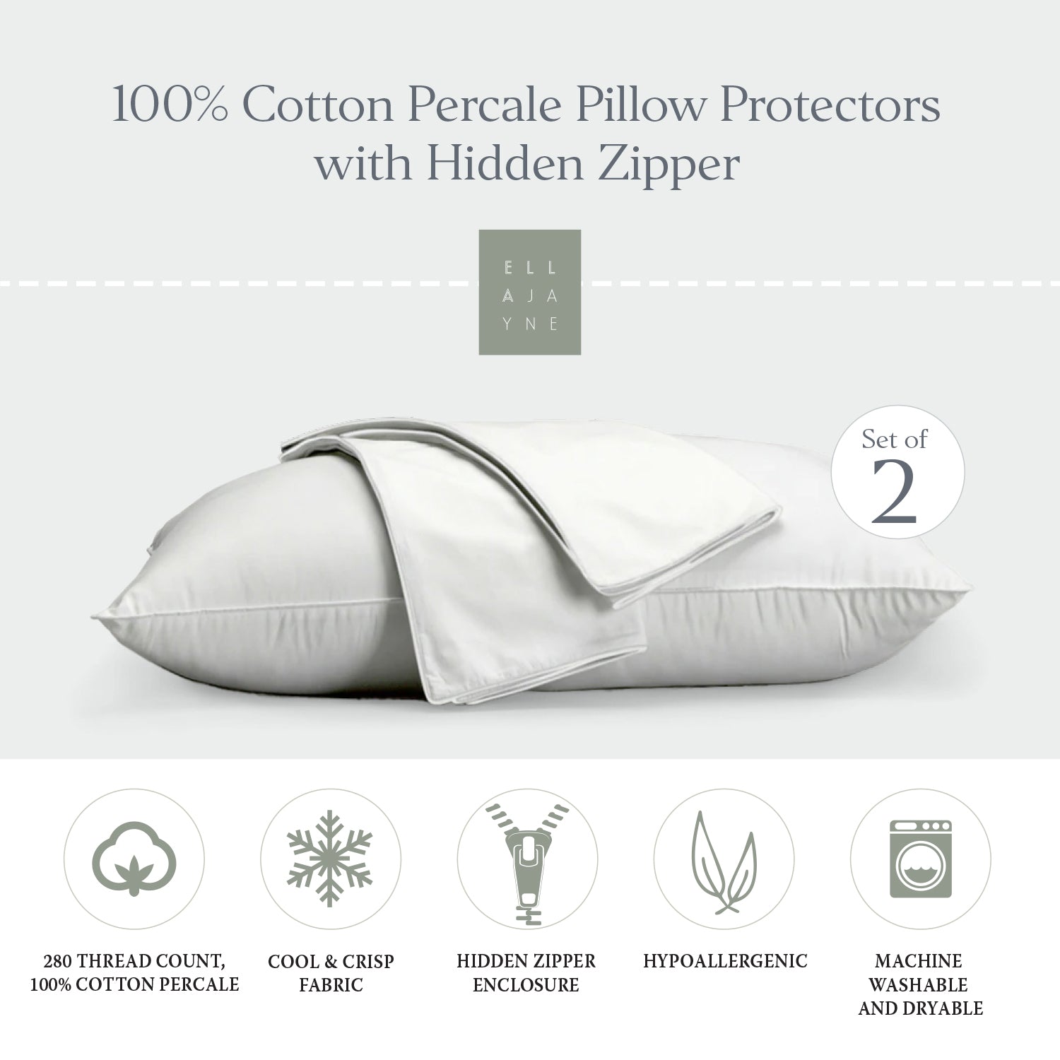 Cotton Percale Pillow Protector With Hidden Zipper (Set of 2)