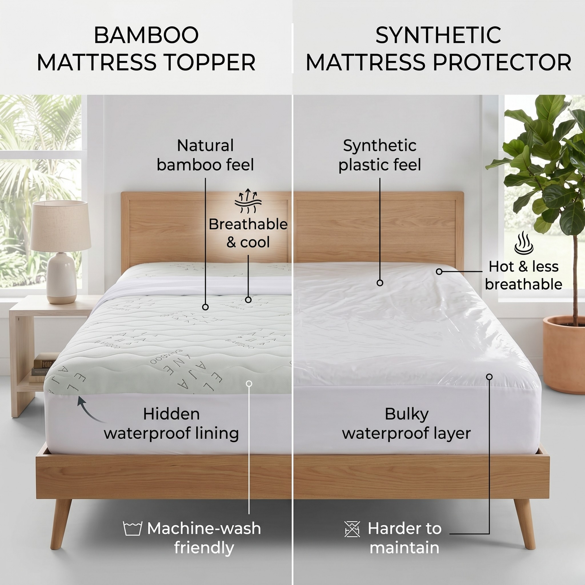 Allergy-Free Bamboo Mattress Protector with Waterproof Lining Protection