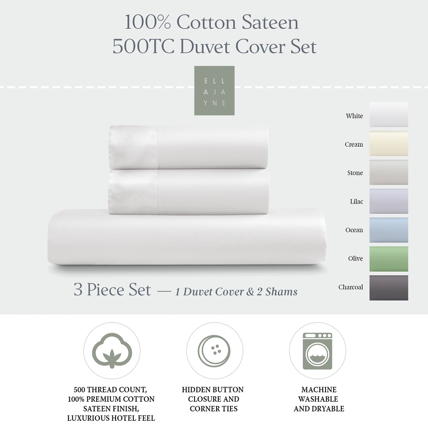 500 Thread Count Cotton 3-Piece Duvet Cover Set