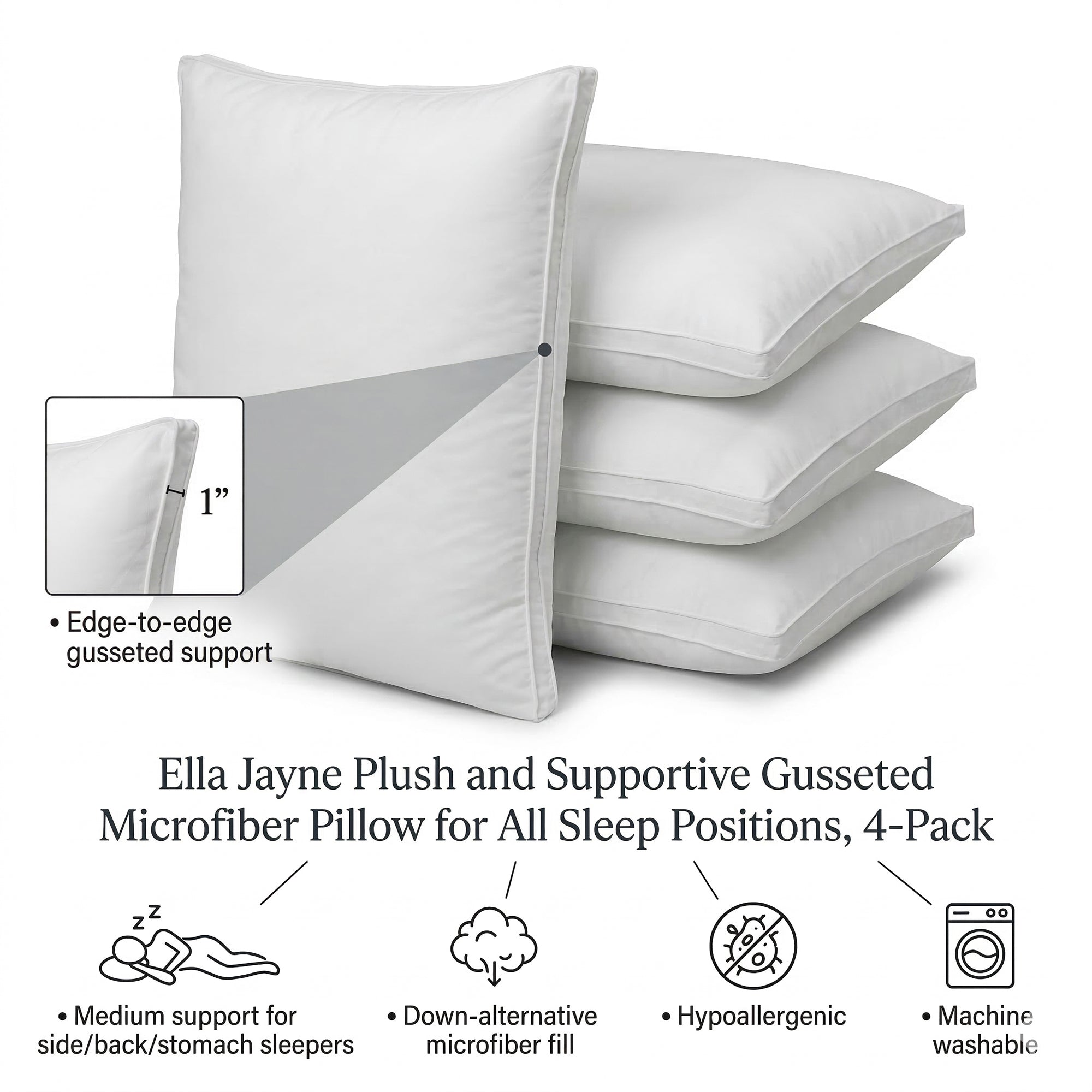 Plush and Supportive Gusseted Microfiber Pillow for All Sleep Positions - Set of 4 Pillows