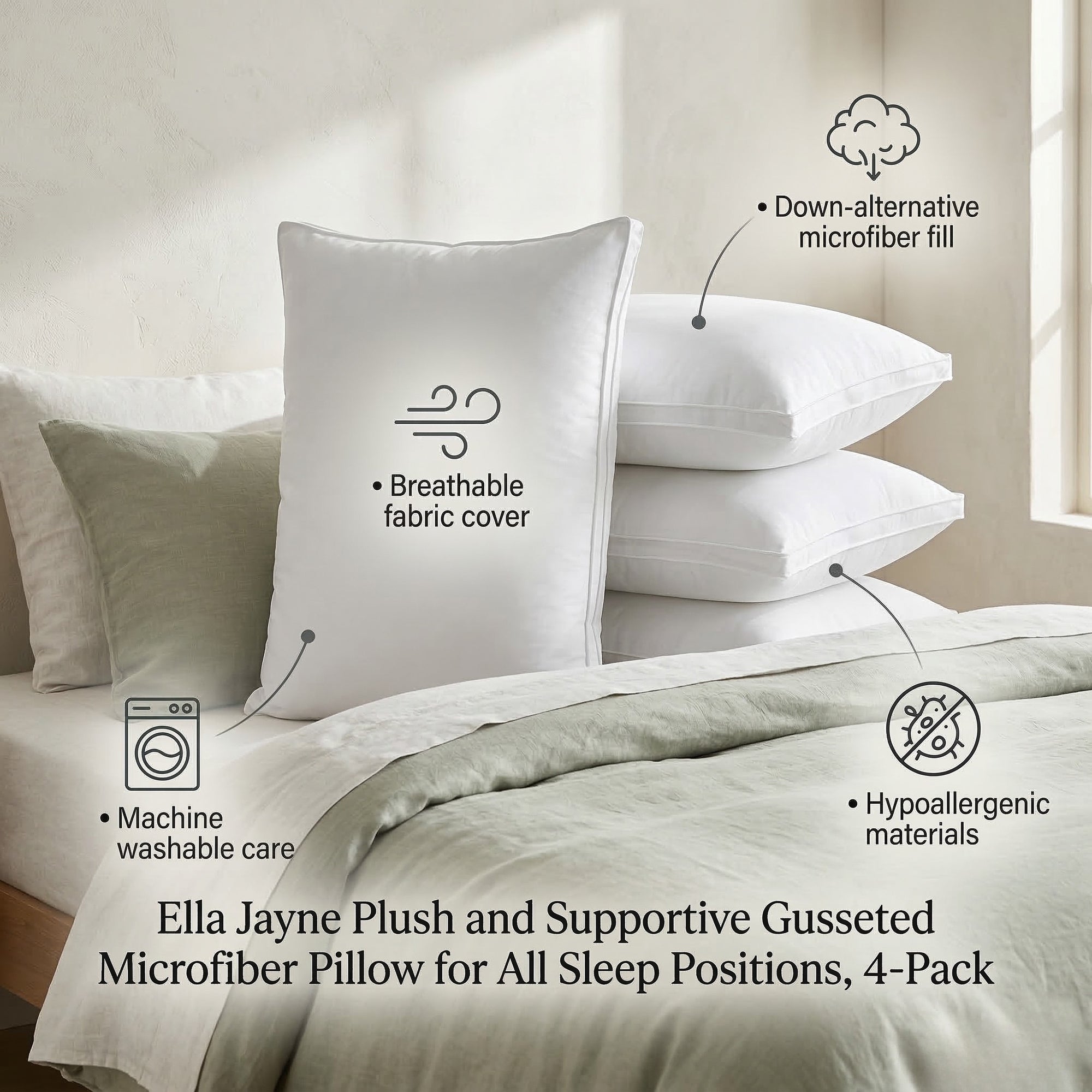 Plush and Supportive Gusseted Microfiber Pillow for All Sleep Positions - Set of 4 Pillows