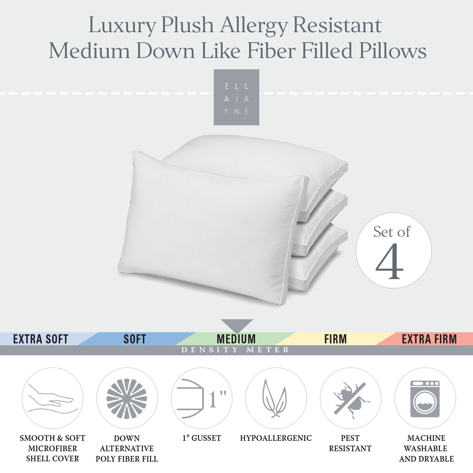 Luxury Plush Allergy Resistant Medium Down Like Fiber Filled Pillow - Set of Four