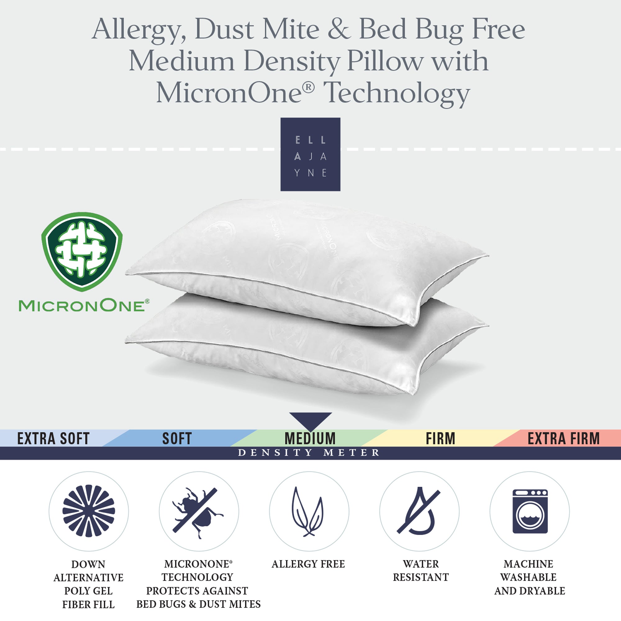 Allergy, Dust Mite & Bed Bug Free Medium Density Pillow with MicronOne Technology - Set of Two