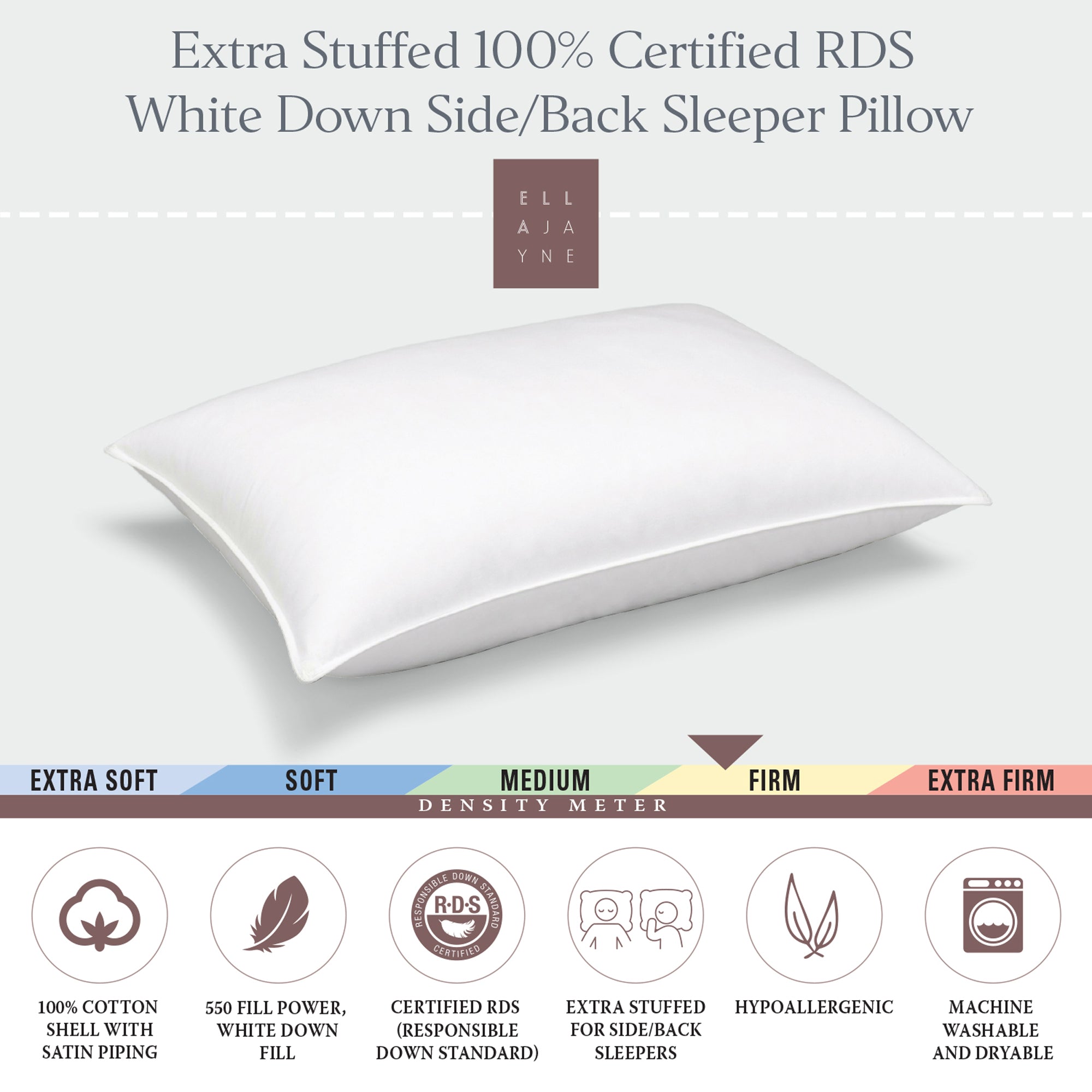 Extra Stuffed 100% Certified RDS White Down Side/Back Sleeper Pillow