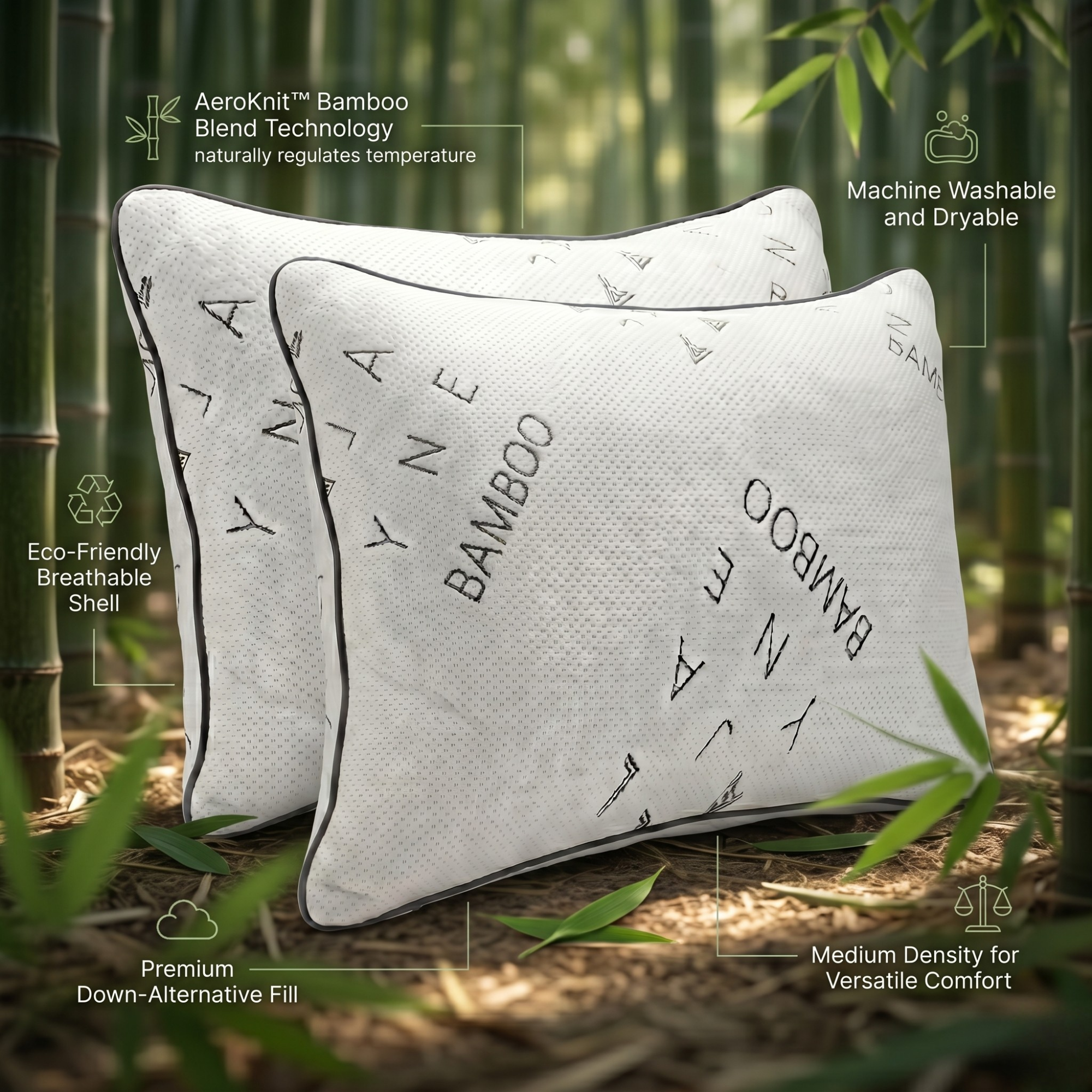 Bamboo-Breeze Breathable Down Alternative Pillow with AeroKnit™ Technology - Set of 2