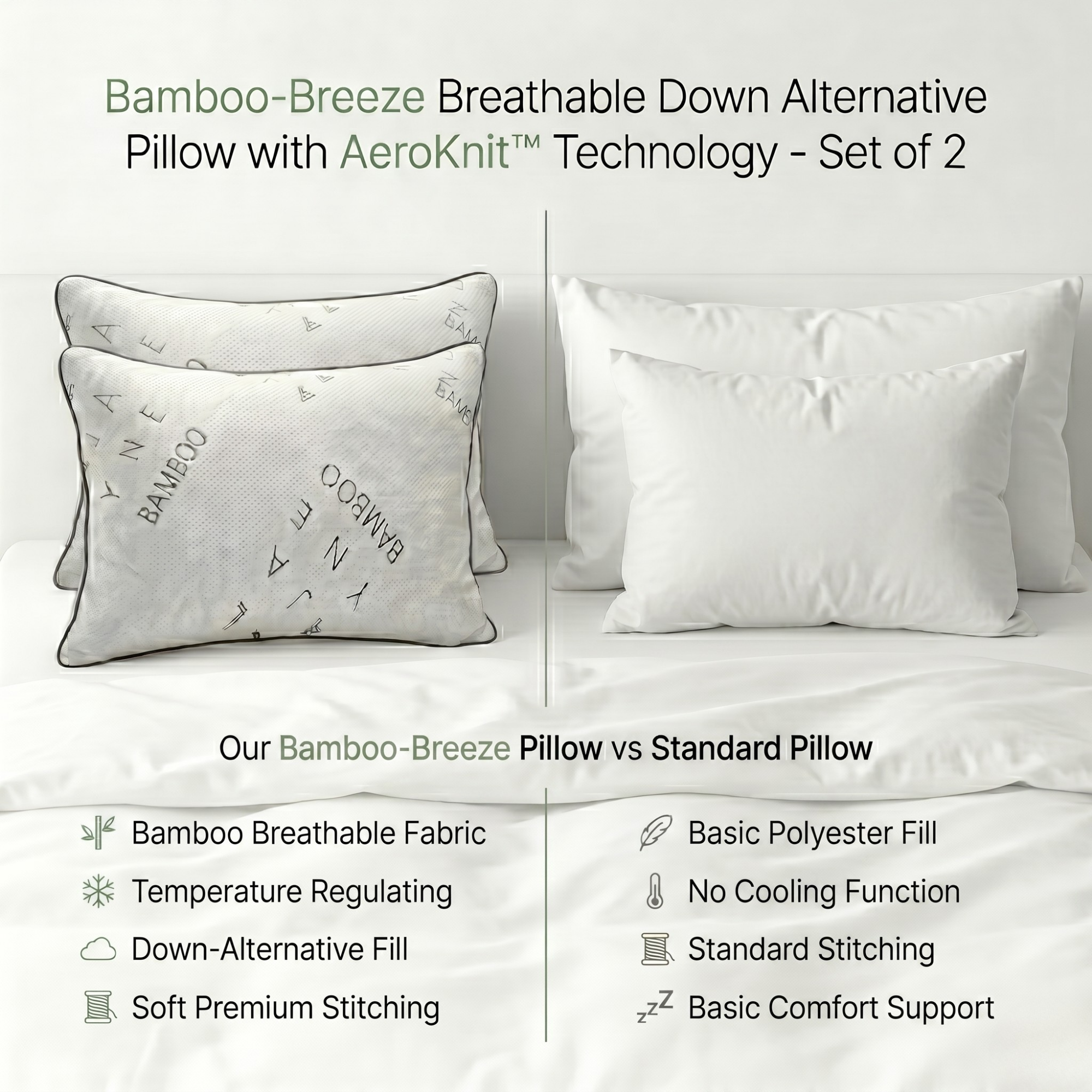 Bamboo-Breeze Breathable Down Alternative Pillow with AeroKnit™ Technology - Set of 2