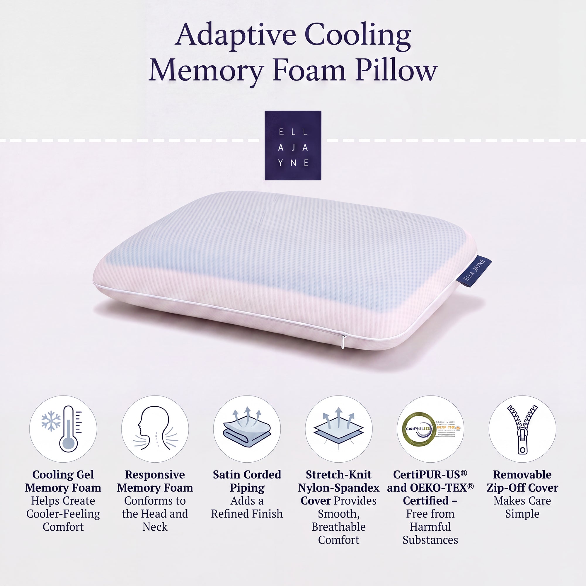 Ella Jayne Adaptive Cooling Memory Foam Pillow, Pressure-Relieving Comfort with Cooling Gel