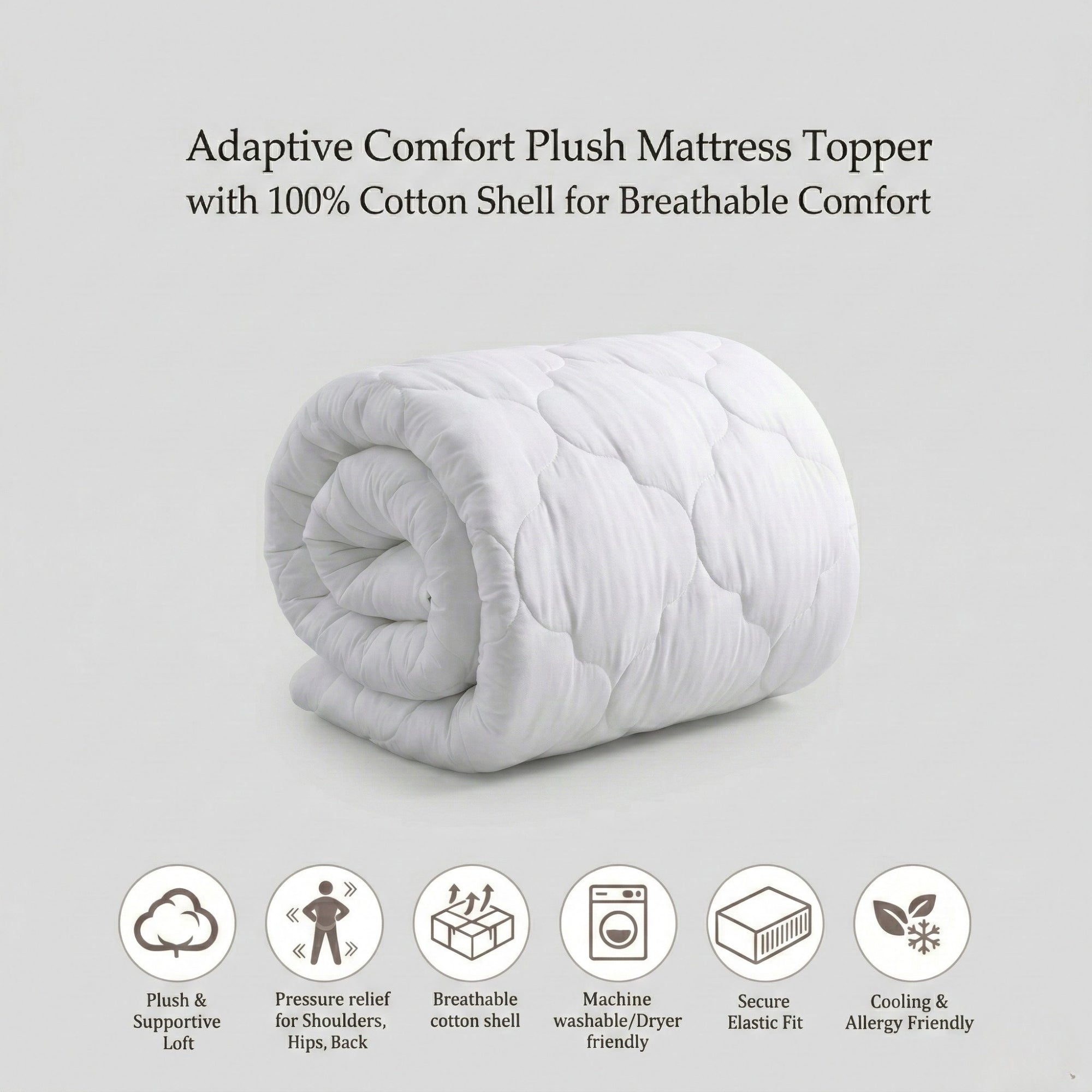 Adaptive Comfort Plush Mattress Topper with 100% Cotton Shell for Breathable Comfort