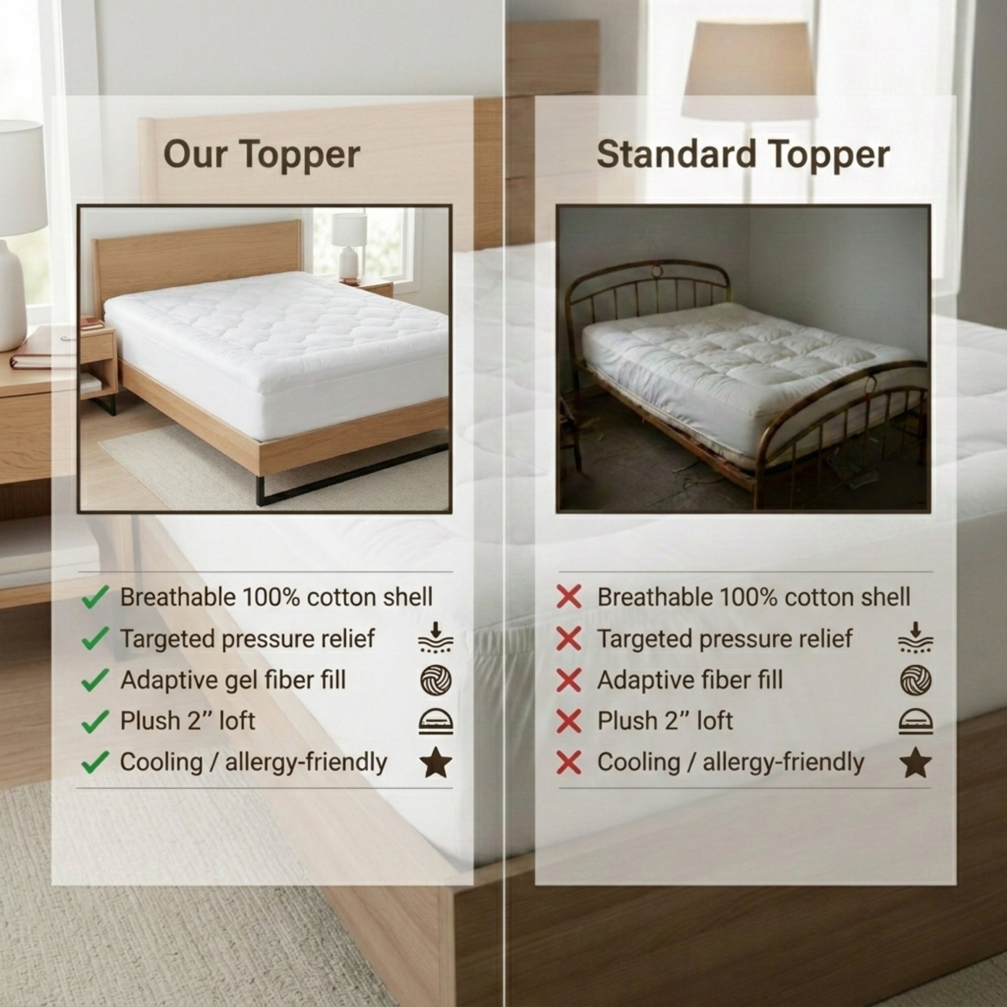 Adaptive Comfort Plush Mattress Topper with 100% Cotton Shell for Breathable Comfort