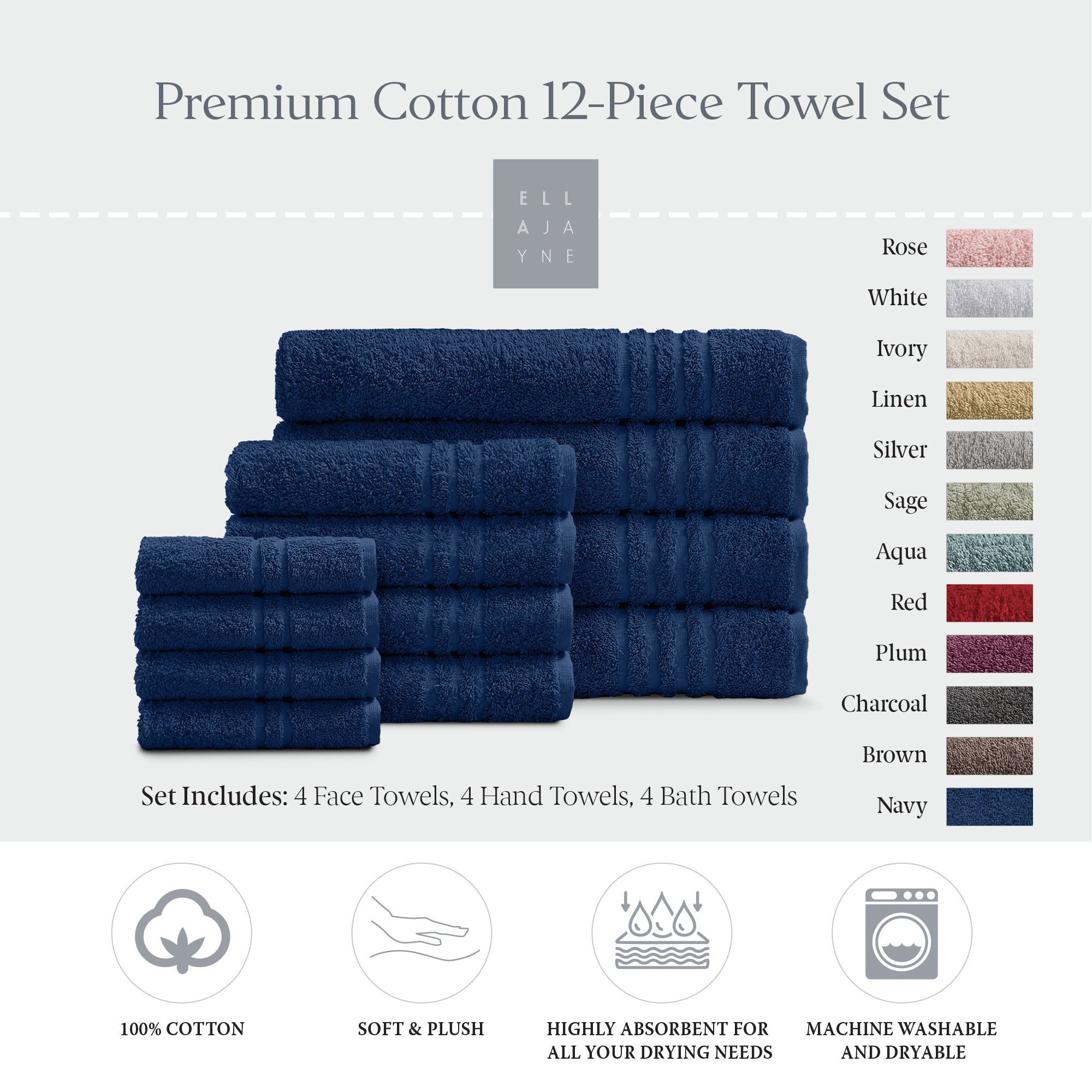 CozaBlu 12-Pack 100% Cotton Luxury Washcloth Set - Navy Blue, Soft Terry For Face & Body