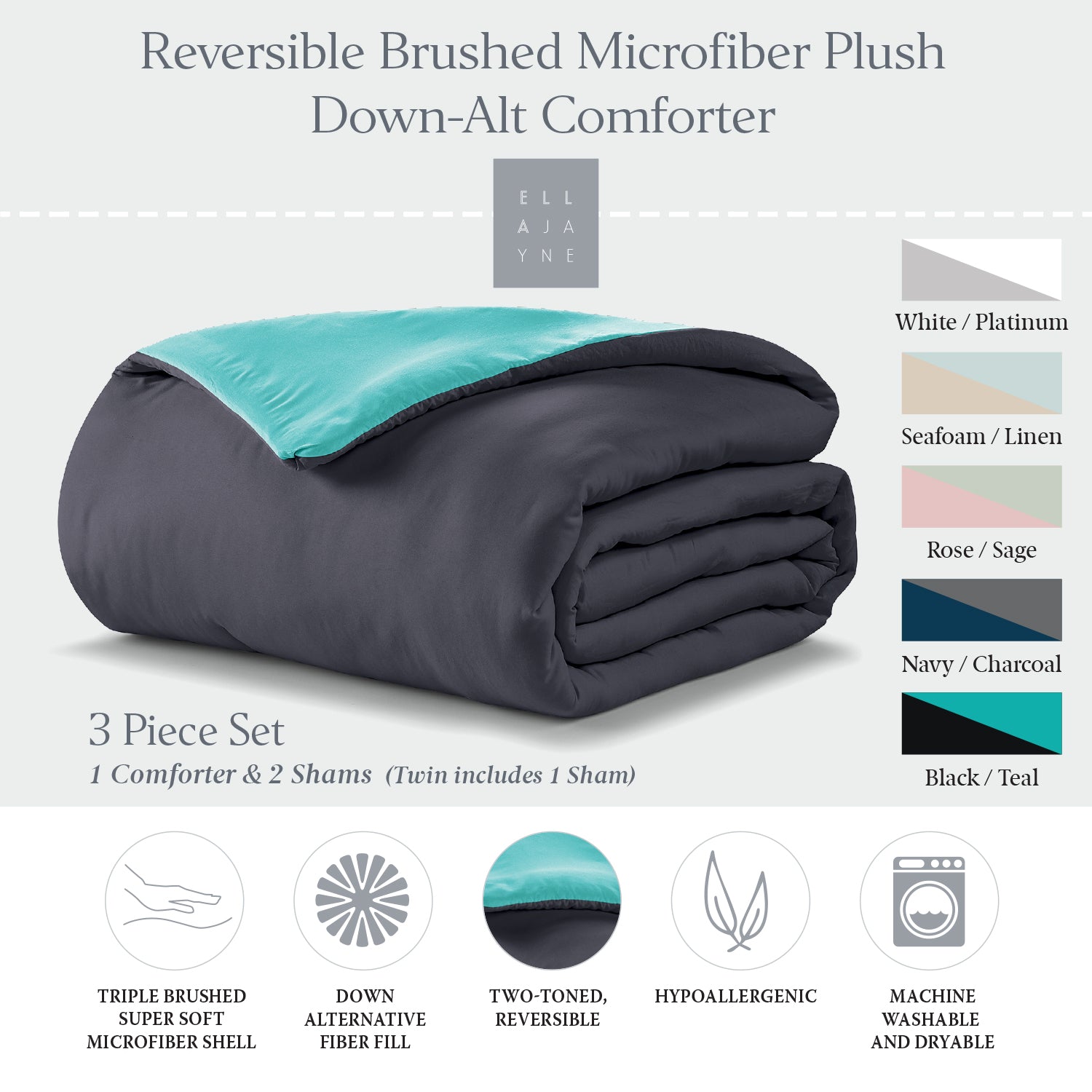 Reversible Brushed Microfiber Plush Down-Alt Comforter Set