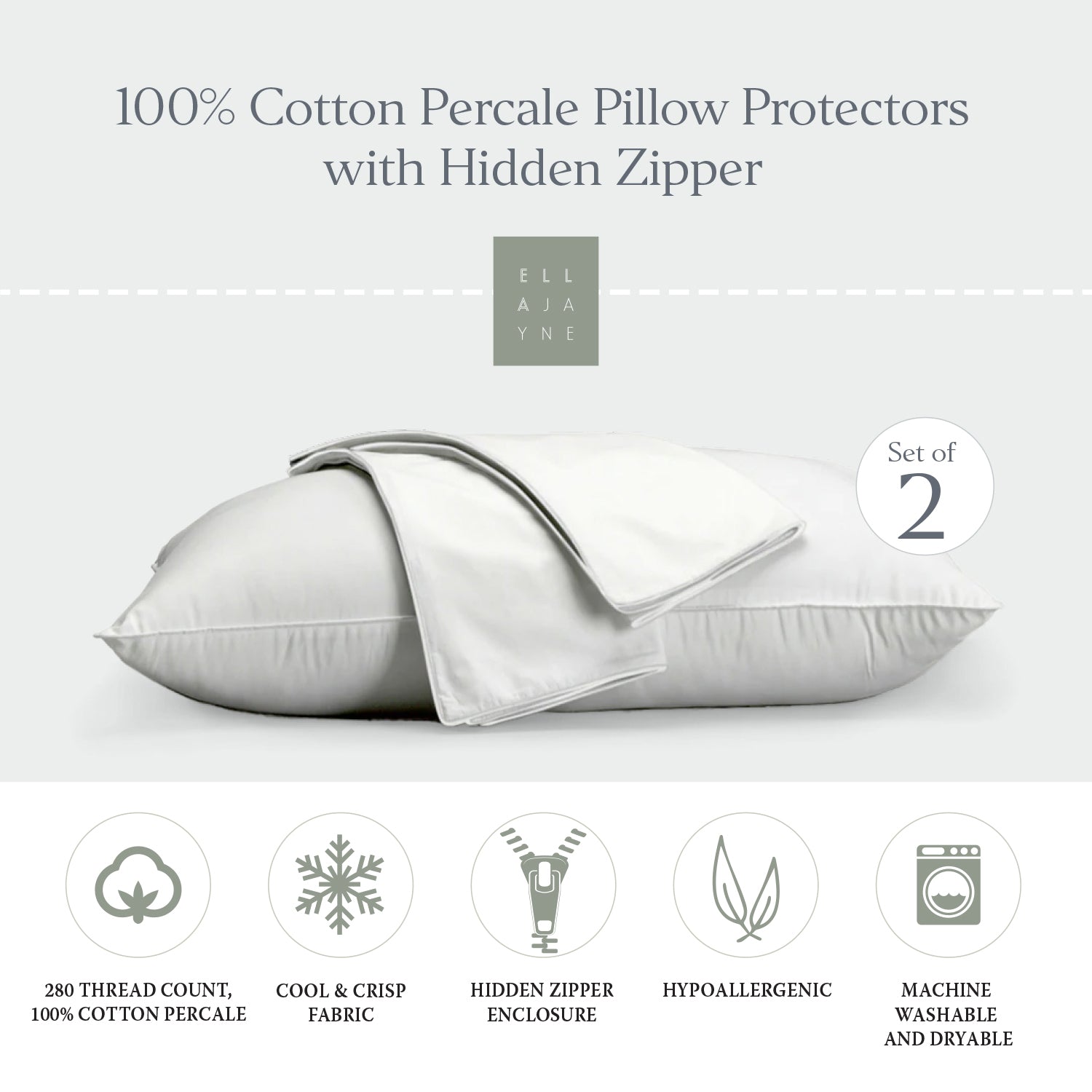 100% Cotton Percale Pillow Protector With Hidden Zipper (Set of 2) – Ella  Jayne Team