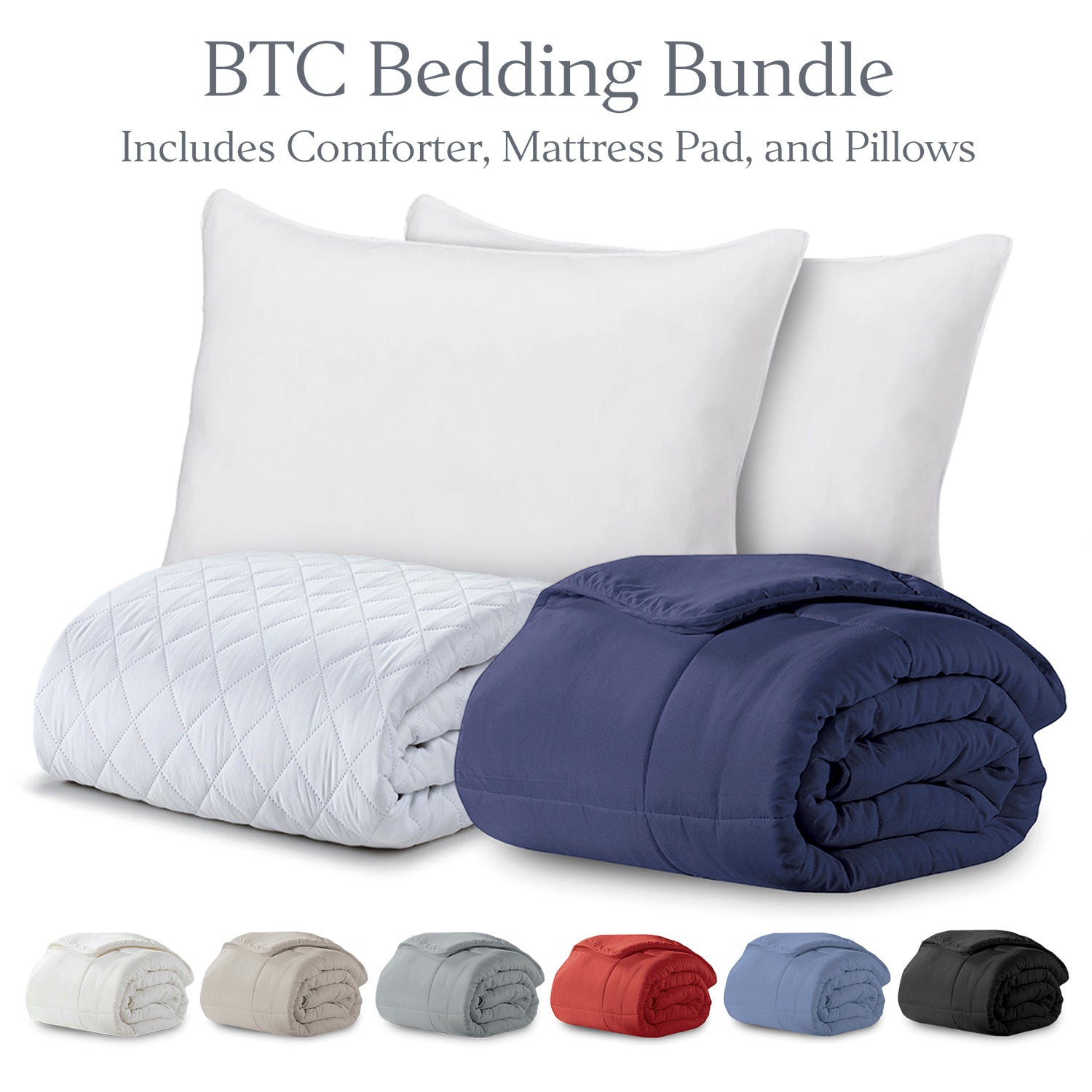 BTC Bed Bundle | Overstuffed Pillow, Quilted Mattress Protector and Down-Alt Comforter